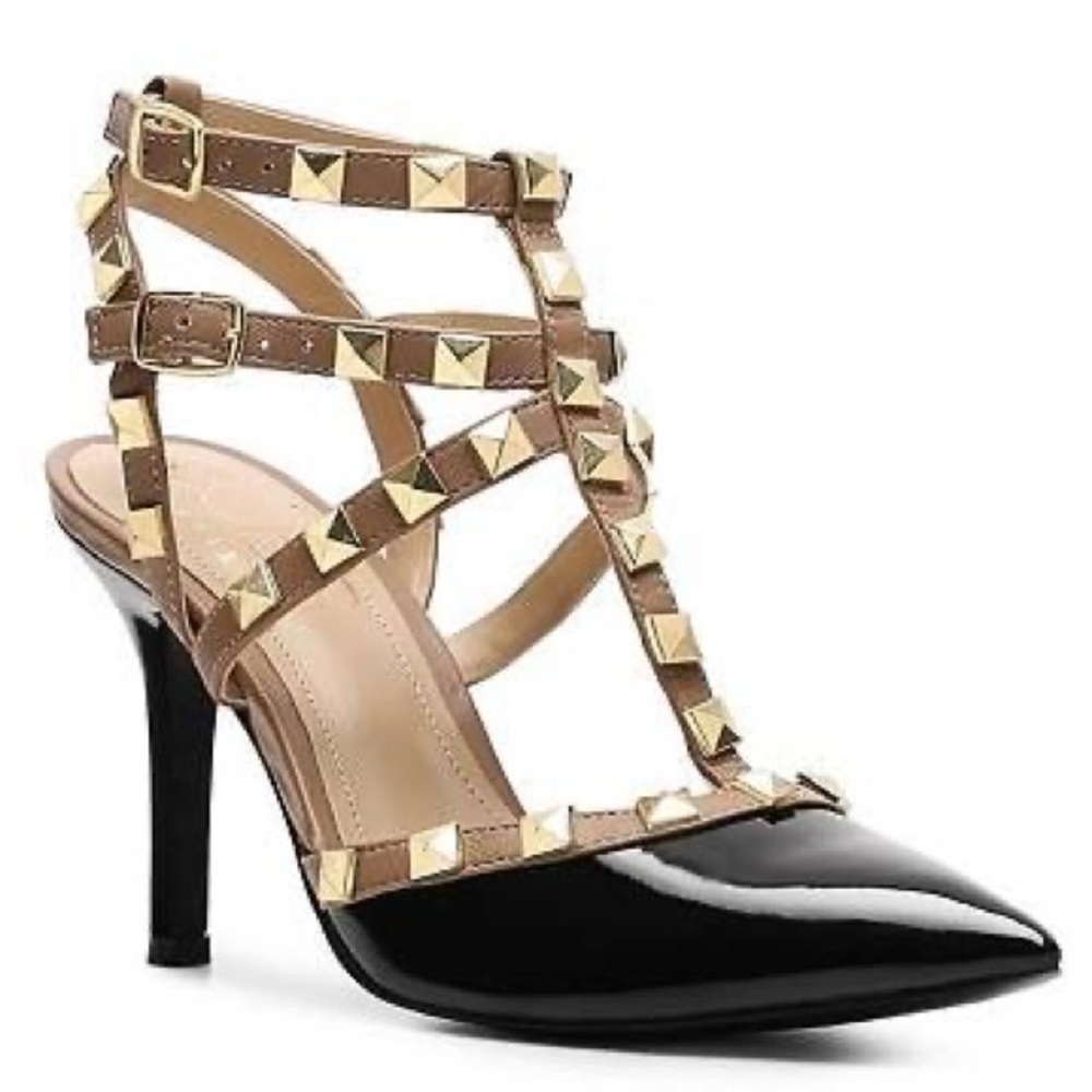 BCBG Patent Leather Gold Studded Pointed Toe Pumps